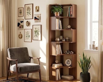 Solid Wood Corner Bookshelf, Tall Corner Shelf, Minimalist Space Saving Bookcase, Modern Japandi Oak Display Furniture