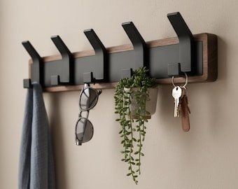 Modern Solid Wood Wall Coat Rack – Minimalist Entryway Hook Rack with Black Metal Hooks, Wall Mounted Coat Hanger (3–6 Hooks)