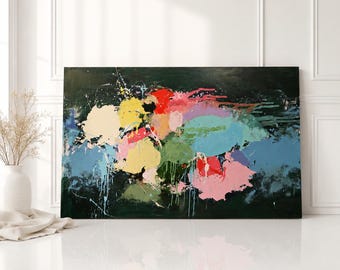 Large Colorful in Dark Green ,Canvas Artwork, Modern Expressionist Art