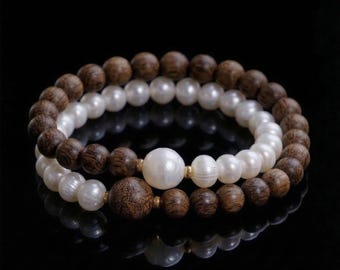 Pearl and Agarwood Beaded Bracelet | Natural Oud, Genuine Pearls | Echoing Strands Zen Style