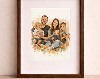 Colorful Custom Family Watercolor Portrait, Personalized Digital Painting From Photo, Printable Family Wall Art Gift