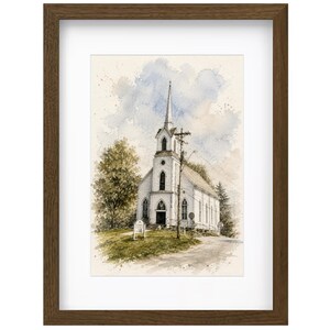 May include: A framed watercolor painting of a white church with a tall steeple, set against a soft blue sky. The scene includes a green grassy hill, a small sign in the foreground, and a utility pole standing beside the building structure.