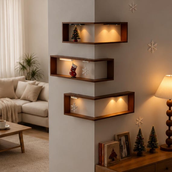 Dark Wood Corner Floating Shelf, Modern Wall Storage Display, Bedroom Bathroom Kitchen Home Decor