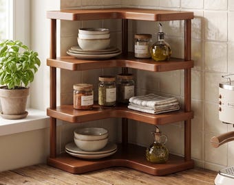 Wooden Corner Shelf, Countertop Organizer, Kitchen Bathroom Stand, Cosy Natural Decor