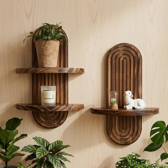 Dark Wood Arched Floating Shelf, Boho Rustic Wall Decor Storage
