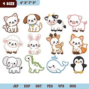 Niedliches Patchwork-Applikationsstickerei-Design-Bundle mit Babytieren, Katze, Hund, Kuh, Schwein, Schaf, Hase, Reh, Dinosaurier, Wal, Pinguin (Digitaler Download)