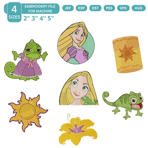 Puede incluir: Un conjunto de archivos de bordado digital con siete diseños: un camaleón verde con vestido morado, un personaje rubio en un círculo, una linterna solar amarilla, un emblema solar amarillo, un personaje rubio con un camaleón, un camaleón verde y una flor amarilla.