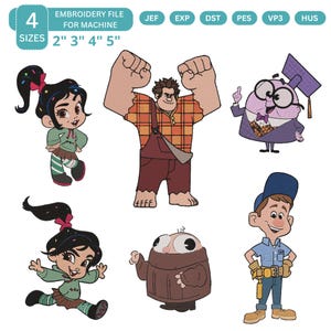May include: Digital embroidery file set featuring six cartoon characters: a girl with a high ponytail, a large man in plaid, a purple character with glasses and a cap, a running girl, a round brown character, and a man in a blue cap and work clothes.