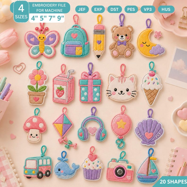 Back to School ITH Bag Tag Embroidery Design Bundle, 20 Shapes Cute ...