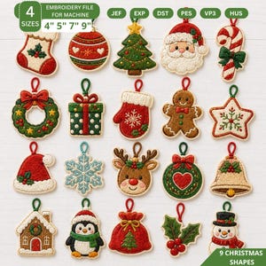 Puede incluir: Una colección de veinte diseños de bordado para adornos navideños que incluye un calcetín, una bola, un árbol, Santa Claus, un bastón de caramelo, una corona, un regalo, un guante, un hombre de jengibre, una estrella, un gorro, un copo de nieve.