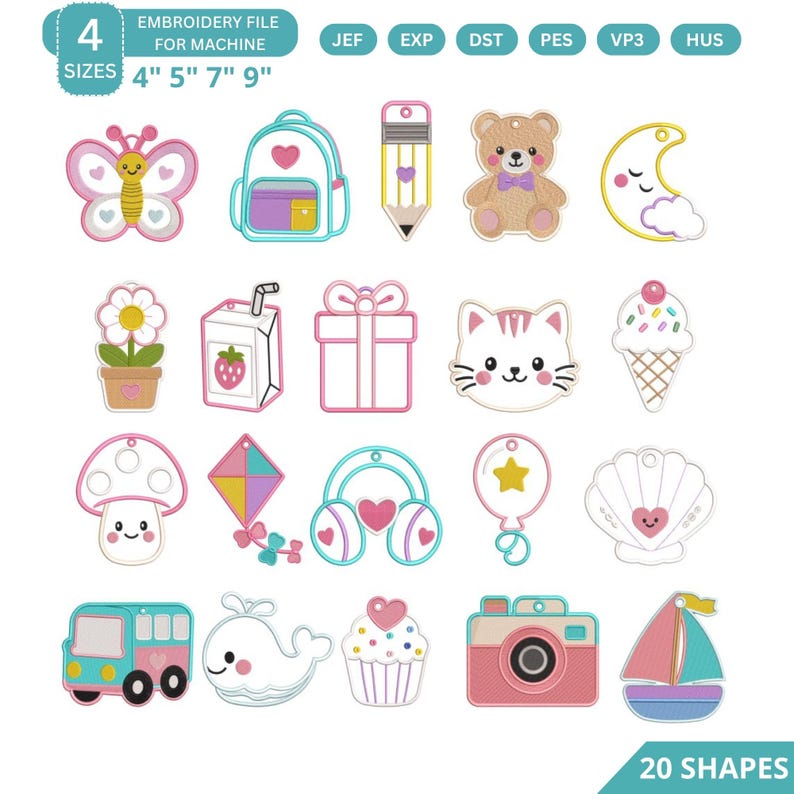 Back to School ITH Bag Tag Embroidery Design Bundle, 20 Shapes Cute ...