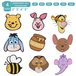 May include: A digital embroidery file set featuring eight character designs including a yellow bear, a pink piglet, a striped tiger, a blue donkey, a honey pot labelled HUNNY, a brown kangaroo, a bee, an owl, and a purple elephant, with 4 sizes.