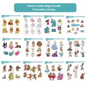 May include: A digital embroidery design collection titled Disney Family Mega Bundle featuring twelve distinct sets of character illustrations including Winnie the Pooh, Marie, Monsters Inc, Finding Nemo, princesses, and various classic animated figures.