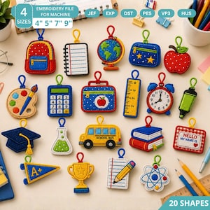 May include: A collection of 20 school-themed felt embroidery designs including a backpack, notebook, globe, pencil case, apple, paint palette, calculator, lunchbox, ruler, alarm clock, highlighter, graduation cap, flask, bus, books, name tag, pennant, trophy, paper, and atom.