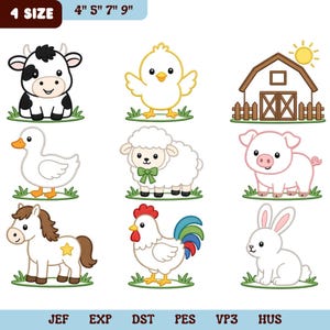 Paquete de diseños de bordado con apliques de patchwork de animales de granja adorables: vaca, cerdo, oveja, caballo, pato y conejo (archivo de bordado a máquina, descarga digital).