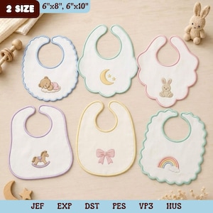 May include: Six white fabric bibs with scalloped or smooth edges and pastel trim. Embroidered designs include a sleeping bear, a crescent moon with stars, a rabbit, a rocking horse, a pink bow, and a rainbow. Text indicates 2 size 15cm x 20cm, 15cm x 25cm.