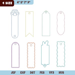 Op de afbeelding: Acht verschillende bladwijzer-omtrekken in diverse vormen, waaronder een pootafdruk, geschulpte randen en puntige uiteinden. De tekst 4 SIZE 4" 5" 7" 9" staat bovenaan en de tekst JEF EXP DST PES VP3 HUS staat onderaan de afbeelding.