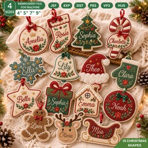 May include: A collection of fifteen embroidered Christmas ornaments in various shapes including a stocking, tree, candy cane, snowflake, bell, hat, mitten, star, gift, house, wreath, gingerbread man, reindeer, and sleigh, featuring names and red ribbons.