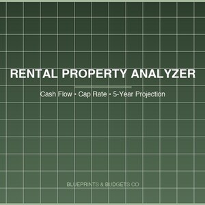 Può includere: Uno sfondo verde con un motivo a griglia e testo bianco. Il testo "RENTAL PROPERTY ANALYZER" è visualizzato. Sotto, elenca "Cash Flow • Cap Rate • 5-Year Projection". L'angolo in basso a destra ha il testo "BLUEPRINTS & BUDGETS CO."