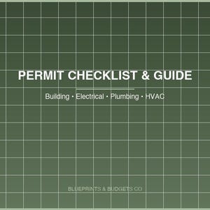 Könnte beinhalten: Ein grüner Rasterhintergrund mit dem weißen Text "PERMIT CHECKLIST & GUIDE". Darunter stehen "Building • Electrical • Plumbing • HVAC". Der untere Teil des Bildes zeigt "BLUEPRINTS & BUDGETS CO."