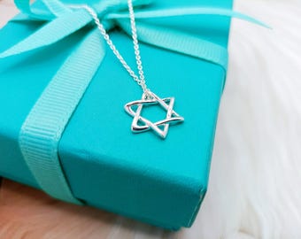Tiffany Pure Silver Hexagram Necklace, minimalist pendant, accompanied by a gift box