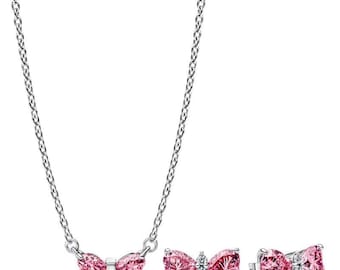 Pandora Pure Silver Pink Bow Earrings and Necklace Jewelry Set - "Delivered Gift Box"