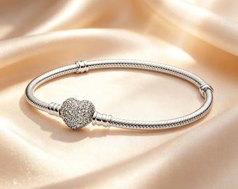 Pandora Moments Sterling Silver Bracelet with Paved Heart Clasp, DIY Charm Bangle, Gift Box Included, Birthday Gift for Her
