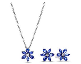 Sterling Silver Blue Flower Pendant Earrings Necklace Set – Shimmering Gemstone Jewelry
