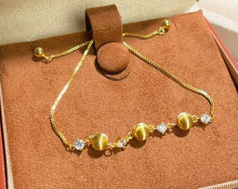 925 Sterling Silver Gold Plated Cat Eye Bead Bracelet – Adjustable Romantic Jewelry