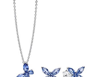 Conjunto de joyas Pandora de plata pura con pendientes y collar de mariposa azul brillante - "Se entrega en caja de regalo"