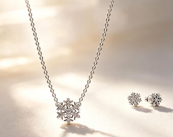 Sterling Silver Snowflake Pendant Necklace Earrings Set, Cubic Zirconia, Gift Box