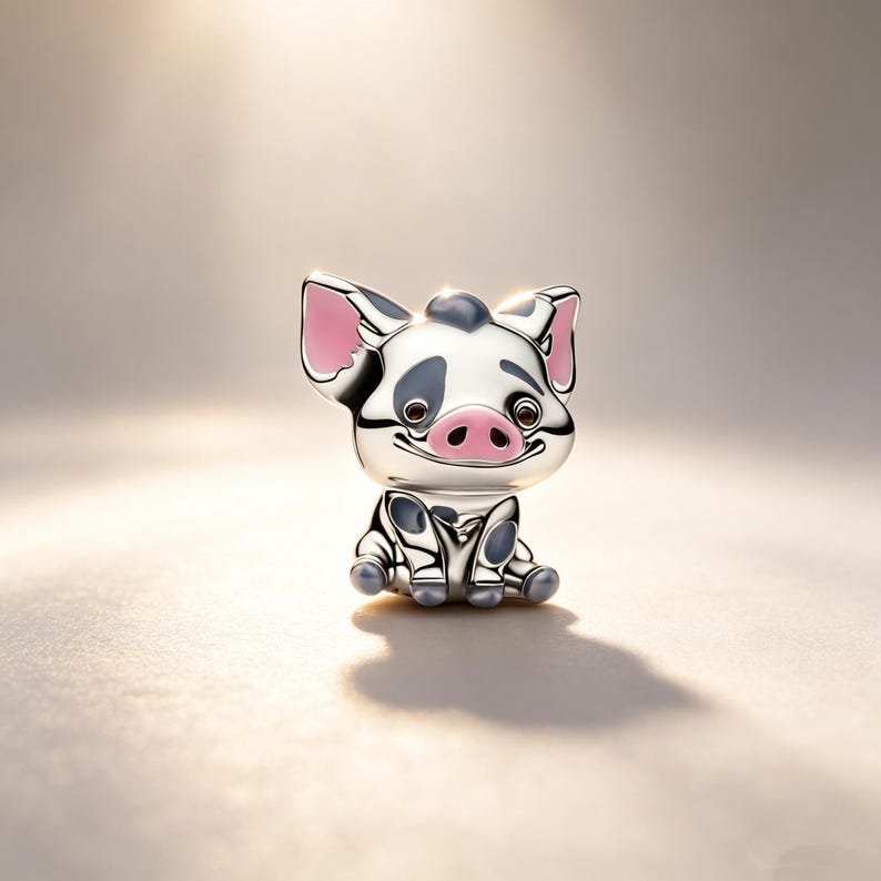 Puede incluir: Un charm de color plateado que representa un cerdo sonriente con un patr&oacute;n en blanco y negro, orejas rosas y un hocico rosa. El charm tiene un dise&ntilde;o detallado y est&aacute; sentado. El charm es probablemente un objeto de colecci&oacute;n o una joya.
