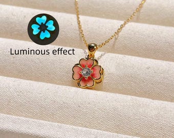925 Sterling Silver Rotatable Fluorescent Peach Flower Necklace 24K Gold Plated Jewelry Valentine Gift