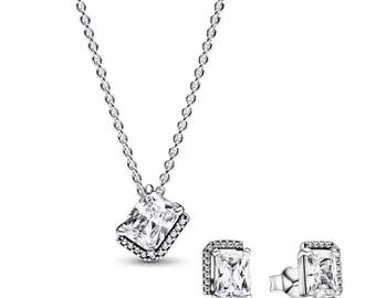 Sterling Silver Rectangular Halo Pendant Necklace and Earrings Set – Cubic Zirconia Pavé Jewelry