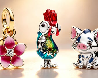Colgante de plata de ley 925 con diseño de cerdito Pua y flor de Moana, inspirado en Disney. Incluye caja de regalo.
