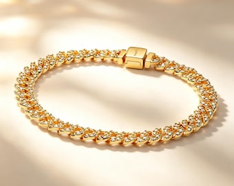 Pavé Cuban Chain Bracelet – Sterling Silver, Gold Plated, Cubic Zirconia – Hip Hop Style