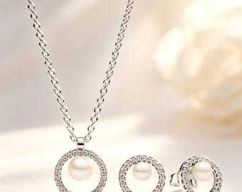 Compatible with Pandora Sterling Silver Pearl Pavé Pendant Necklace & Earring Set, Free Gift Box