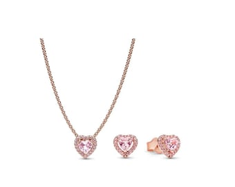 Shimmering Heart Earrings Necklace Set – Rose Gold Pink Crystal Jewelry (Gift Box)