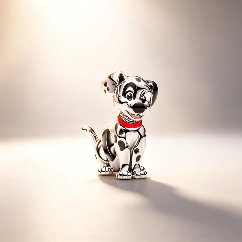 Puede incluir: Figura de d&aacute;lmata plateado con manchas negras y collar rojo. El perro est&aacute; sentado, con la cola enroscada. La figura tiene un acabado brillante y est&aacute; sobre un fondo suave y neutro.