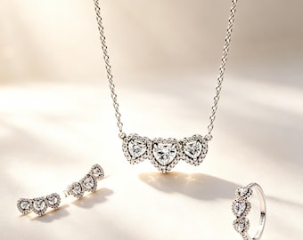 Triple Heart Pendant Necklace & Earrings Set, 925 Sterling Silver Jewelry (Gift Box)