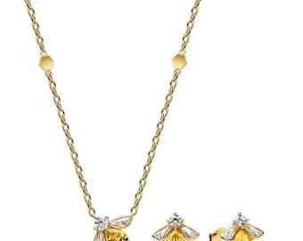 Pandora Sterling Silver Bee Pendant Necklace & Stud Earrings Jewelry Set, Gift Box Included