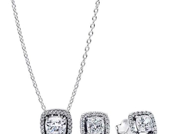 Pandora Pure Silver Sparkling Earrings and Necklace Square Luxury Jewelry Set "Delivered Gift Box"