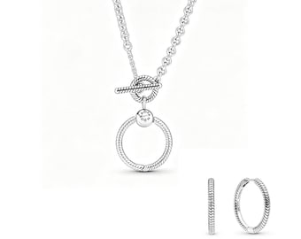 Pandora-Inspired Sterling Silver O Pendant & T-Bar Necklace Earrings Jewelry Set, Gift Box Included