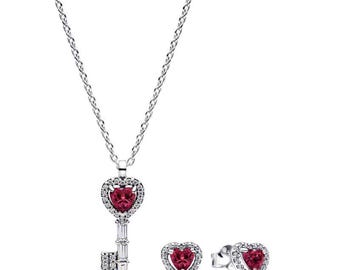 Pandora Sterling Silver Key Heart Necklace Earrings Set – Red Gemstone Jewelry