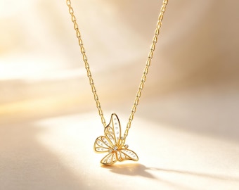 Sterling Silver Butterfly Necklace, Openwork Cubic Zirconia Pendant (Gift Box Included)