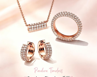 Pandora Double Row Pavé Pendant Necklace Earrings Set – Rose Gold Tone (Gift Box Included)