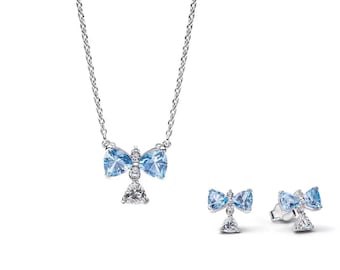 Sterling Silver Light Blue Bow Necklace Earrings Set, Gift Box Included