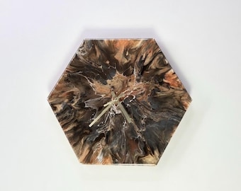 16 inch Hexagon Wall Clock - Fluid Acrylic Art Canvas - Resin Top Coat - Original Pour Painting - Signed and Stamped Dated for Authenticity