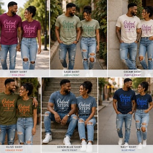May include: A collection of six short-sleeved t-shirts in berry, sage, cream, olive, denim, and navy colors. Each shirt features the text Ordered STEPS and Psalm 37:23 with a cross symbol printed in a contrasting color on the front chest.