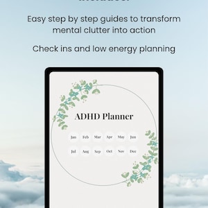 May include: A digital ADHD planner displayed on a black tablet. The planner features a cream-colored background with a floral design and the text "ADHD Planner." Includes step-by-step guides and low-energy planning.